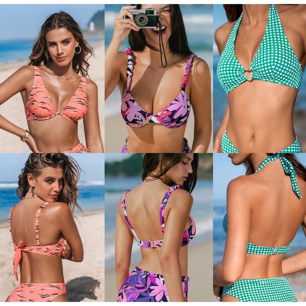 NWT Cupshe LOT of 3 Swimming Tops - Orange Green Purple Beach Surf Bundle Size M
